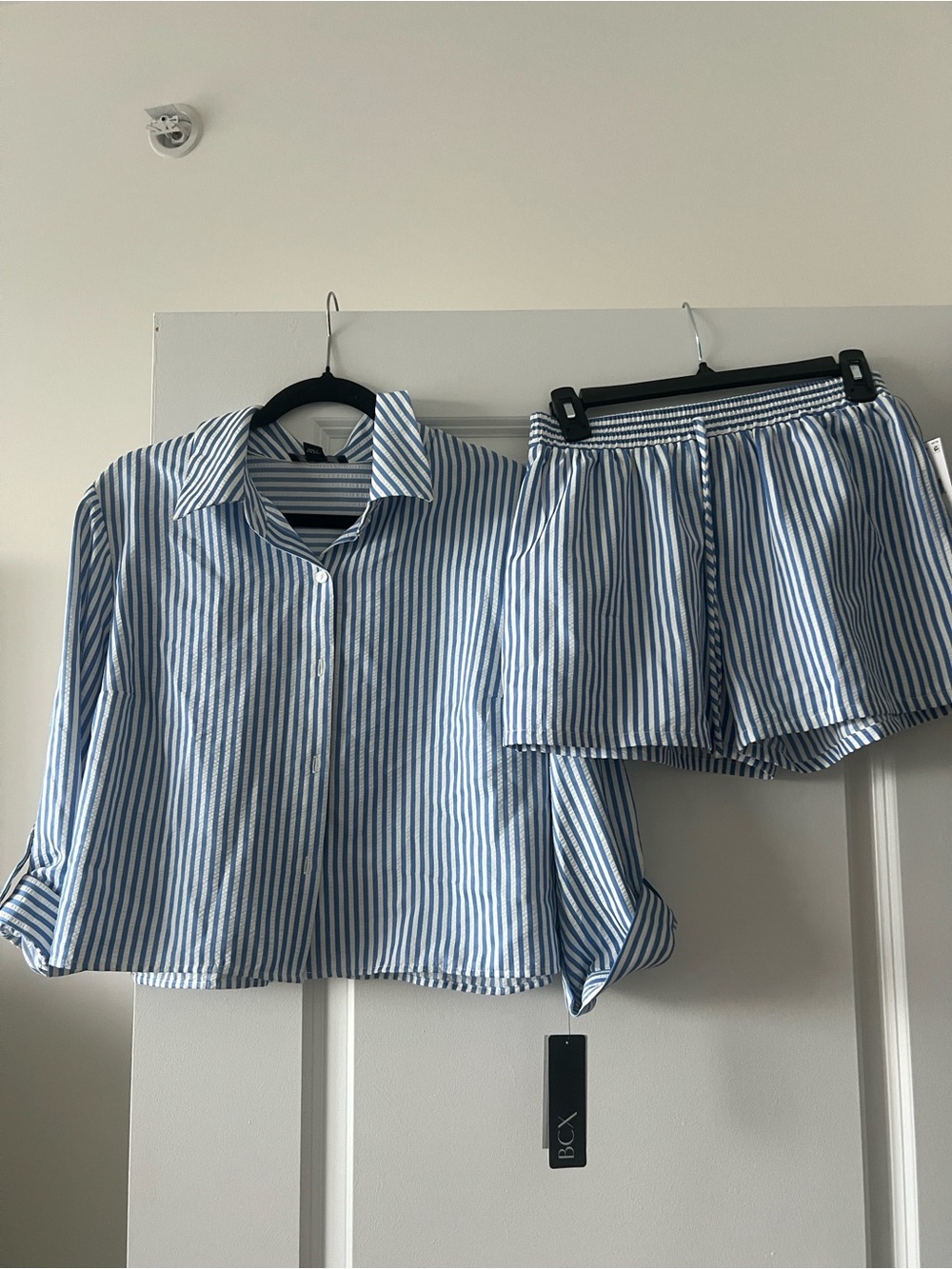 BCX Blue and White Striped Button-Down Shirt & Shorts Set